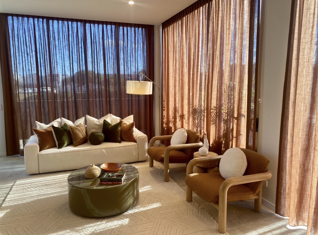 Living room with custom linen curtains by The Linen Room at SAGE